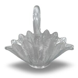 LE Smith Clear Glass Feather Pattern Basket Scalloped Edge Applied Handle 10.5in